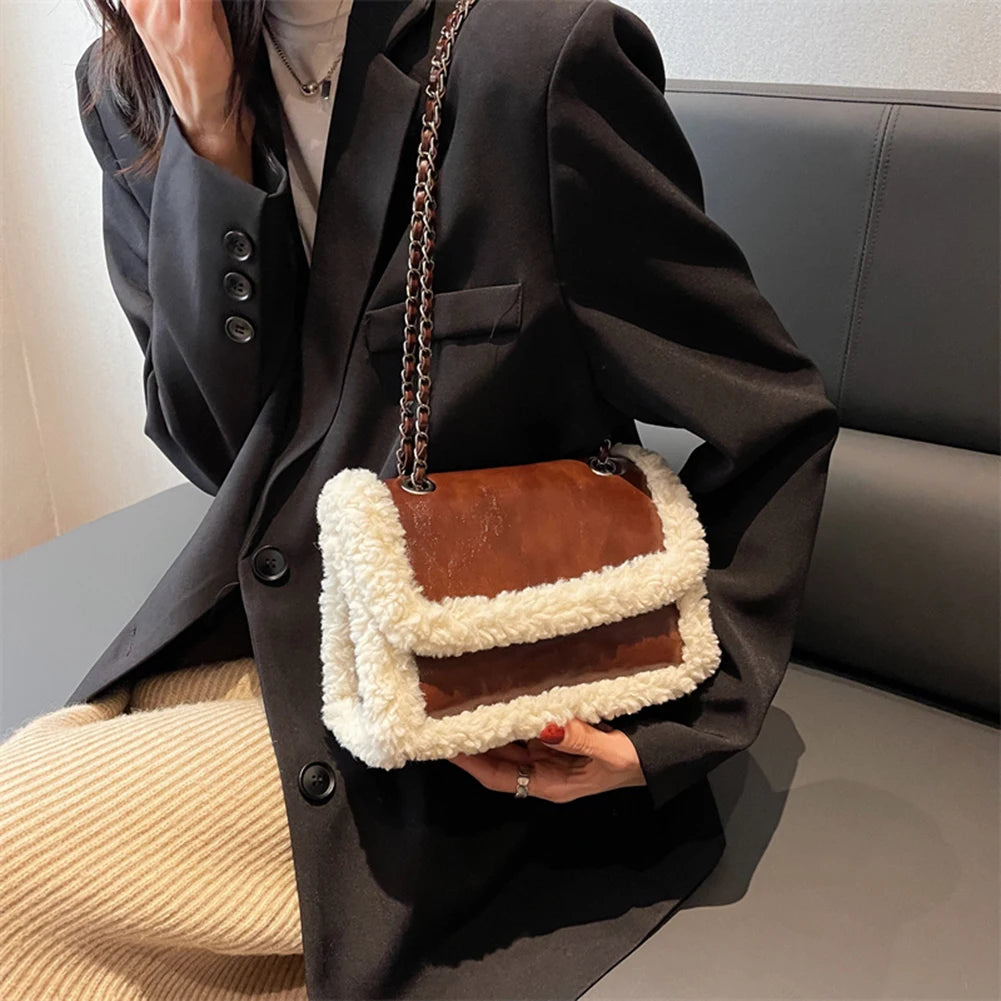 Women Winter Faux Fur Lambswool Shoulder Crossbody Bag Retro Leather Handbag