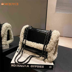 Women Winter Faux Fur Lambswool Shoulder Crossbody Bag Retro Leather Handbag