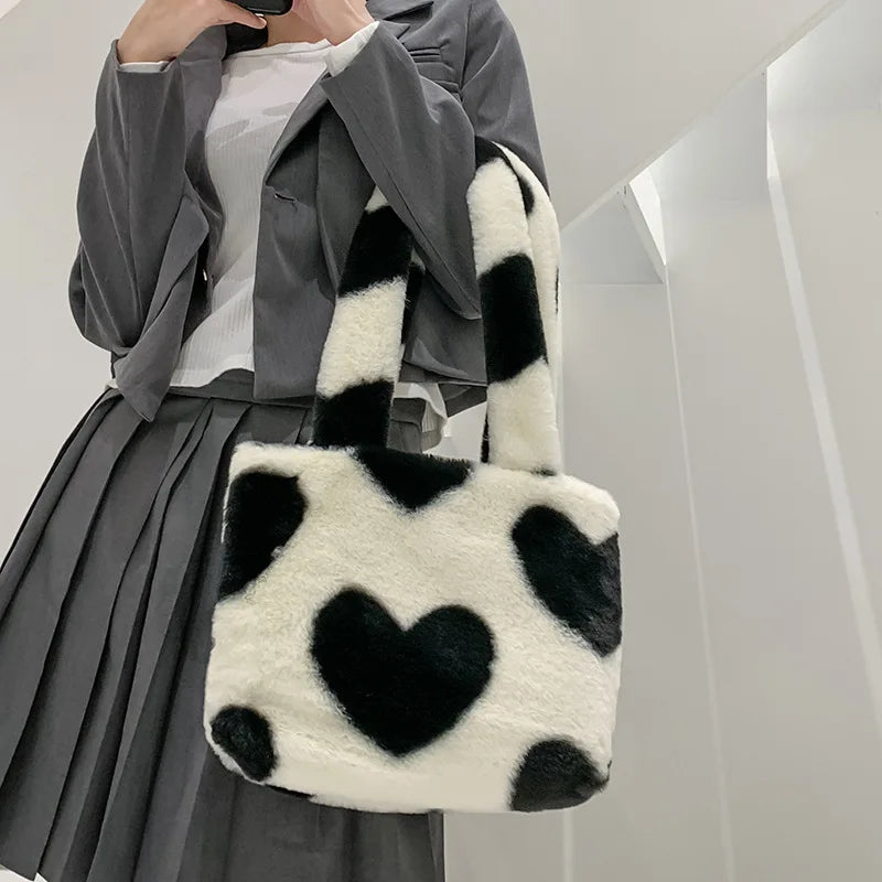 Women Winter Faux Fur Purse And Handbag Girls Heart Prints Fluffy Shoulder Bag