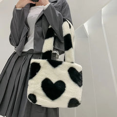 Women Winter Faux Fur Purse And Handbag Girls Heart Prints Fluffy Shoulder Bag