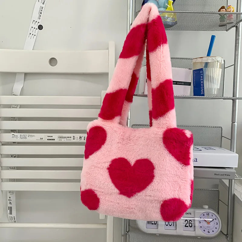 Women Winter Faux Fur Purse And Handbag Girls Heart Prints Fluffy Shoulder Bag