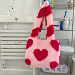 Women Winter Faux Fur Purse And Handbag Girls Heart Prints Fluffy Shoulder Bag