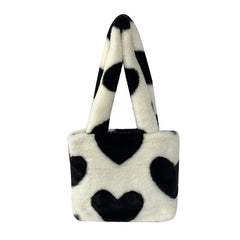Women Winter Faux Fur Purse And Handbag Girls Heart Prints Fluffy Shoulder Bag