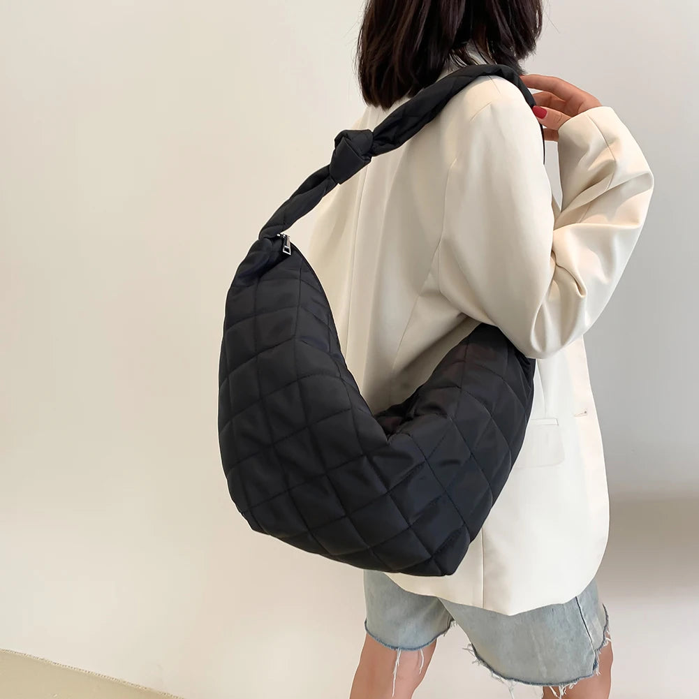 Women Winter Shoulder Handbags Lattice Pattern Space Cotton Padded Totes Bags