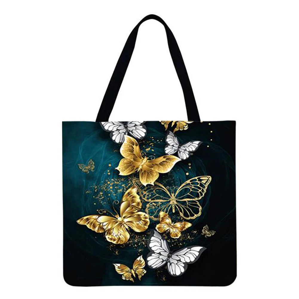 Butterfly Printed Shoulder Bag Large Capacity Linen Tote Handbag