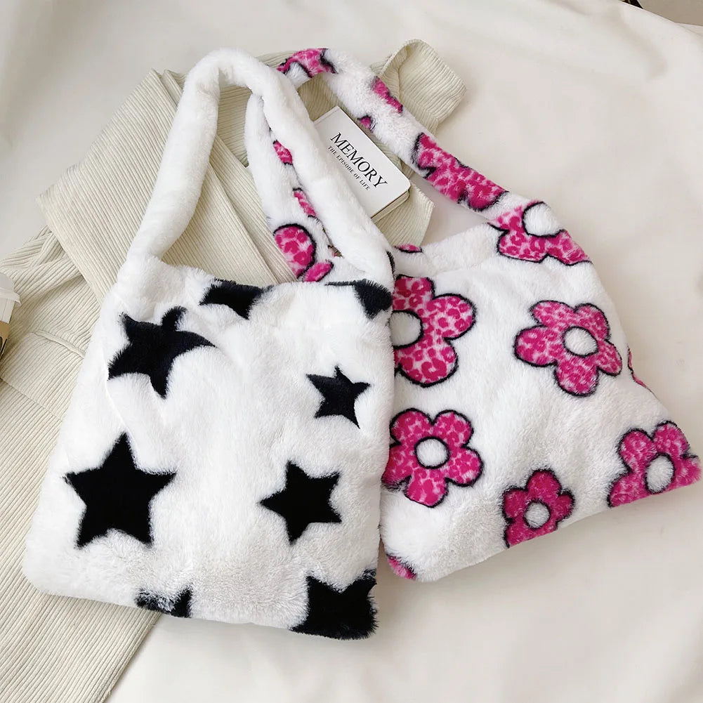 Women's Plush Shoulder Bag Floral Print Large Capacity Handbag