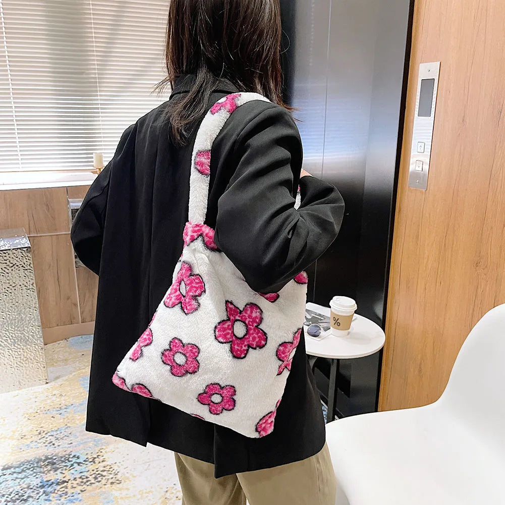 Women's Plush Shoulder Bag Floral Print Large Capacity Handbag