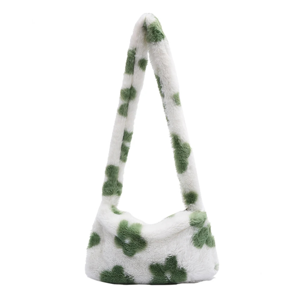 Flower Print Plush Shoulder Bag for Women Autumn Winter