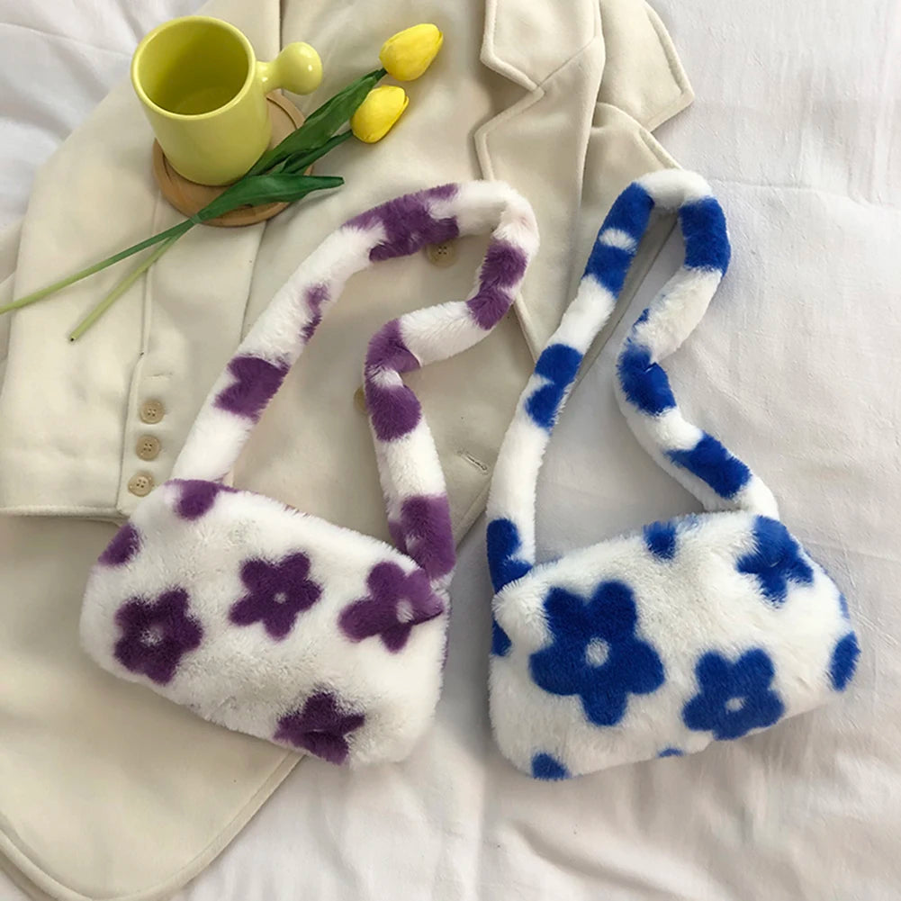 Flower Print Plush Shoulder Bag for Women Autumn Winter