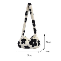 Flower Print Plush Shoulder Bag for Women Autumn Winter