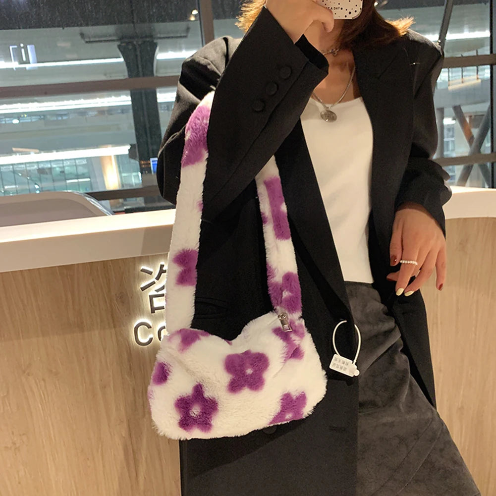 Flower Print Plush Shoulder Bag for Women Autumn Winter