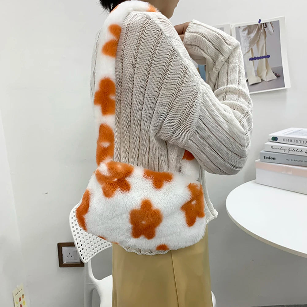 Flower Print Plush Shoulder Bag for Women Autumn Winter