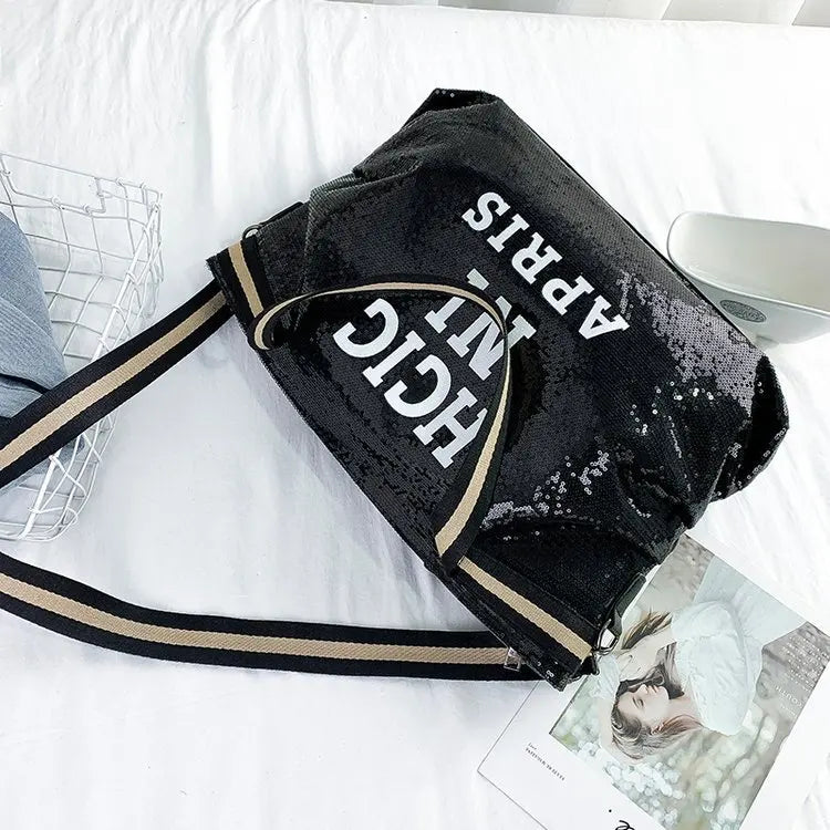 Sequins Letters Crossbody Bag Large Capacity Shoulder Handbag