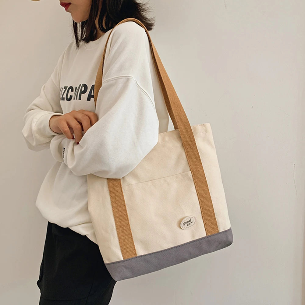 Canvas Patchwork Shoulder Bag Large Capacity Tote Handbags