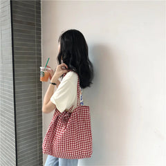 Plaid Eco Canvas Tote Shoulder Bag Large Capacity Ladies Purse Handbags