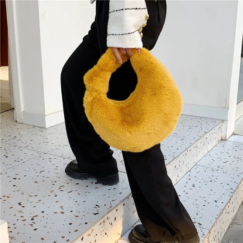 Women's Faux Fur Crossbody Hobo Handbag Plush Chain Shoulder Bag