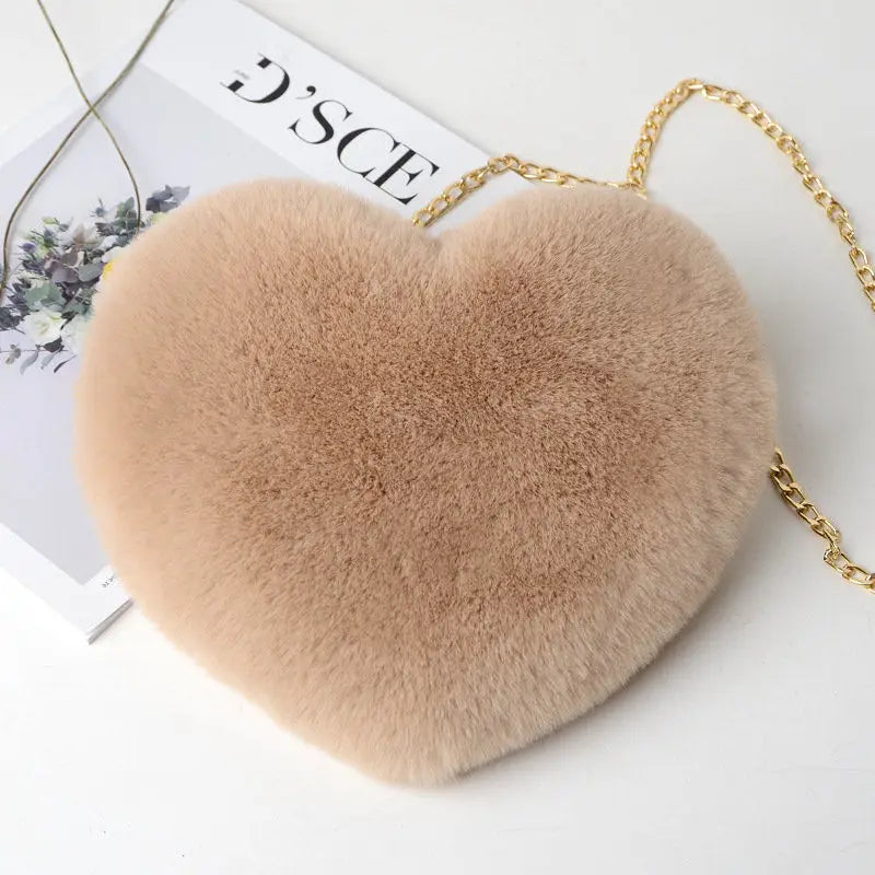 Women's Heart Shaped Faux Fur Crossbody Wallet Purse Chain Shoulder Bag