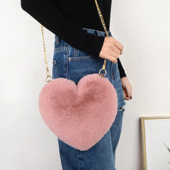 Women's Heart Shaped Faux Fur Crossbody Wallet Purse Chain Shoulder Bag