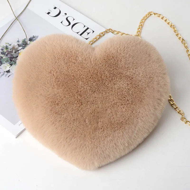 Heart Shaped Faux Fur Crossbody Wallet Chain Shoulder Bag