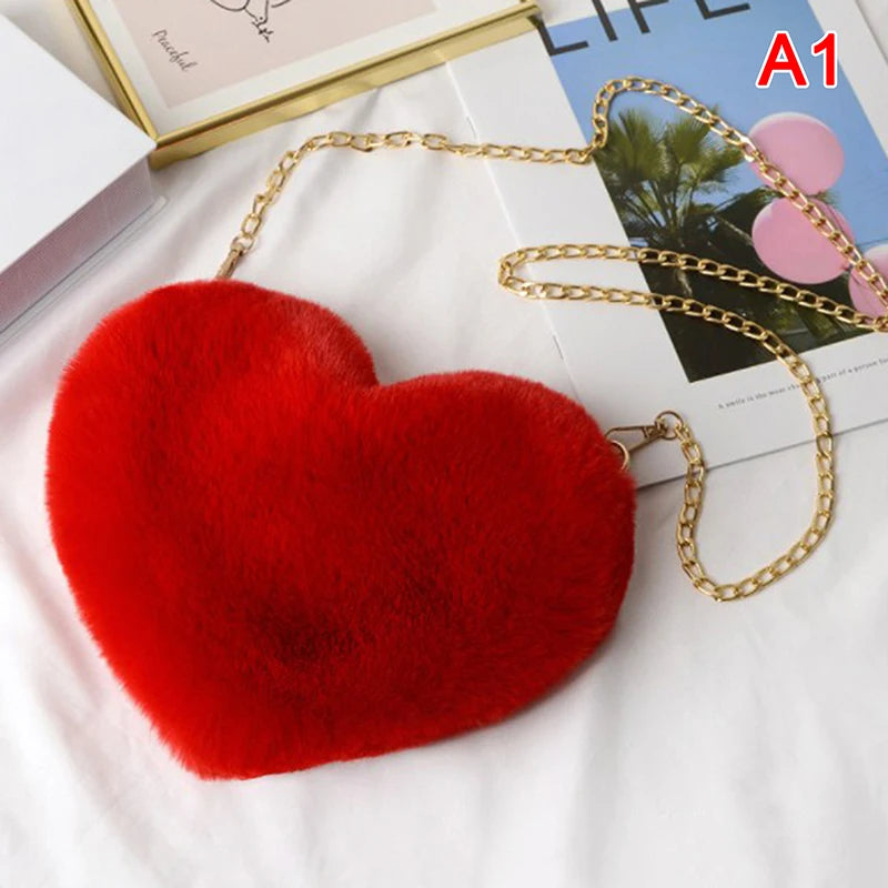 Heart Shaped Crossbody Bag Faux Fur Plush Chain Purse