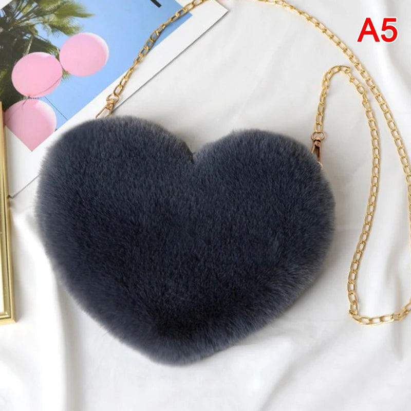 Heart Shaped Crossbody Bag Faux Fur Plush Chain Purse