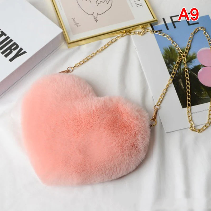 Heart Shaped Crossbody Bag Faux Fur Plush Chain Purse