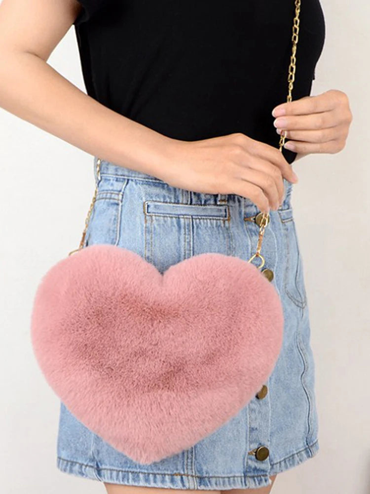 Heart Shaped Crossbody Bag Faux Fur Plush Chain Purse