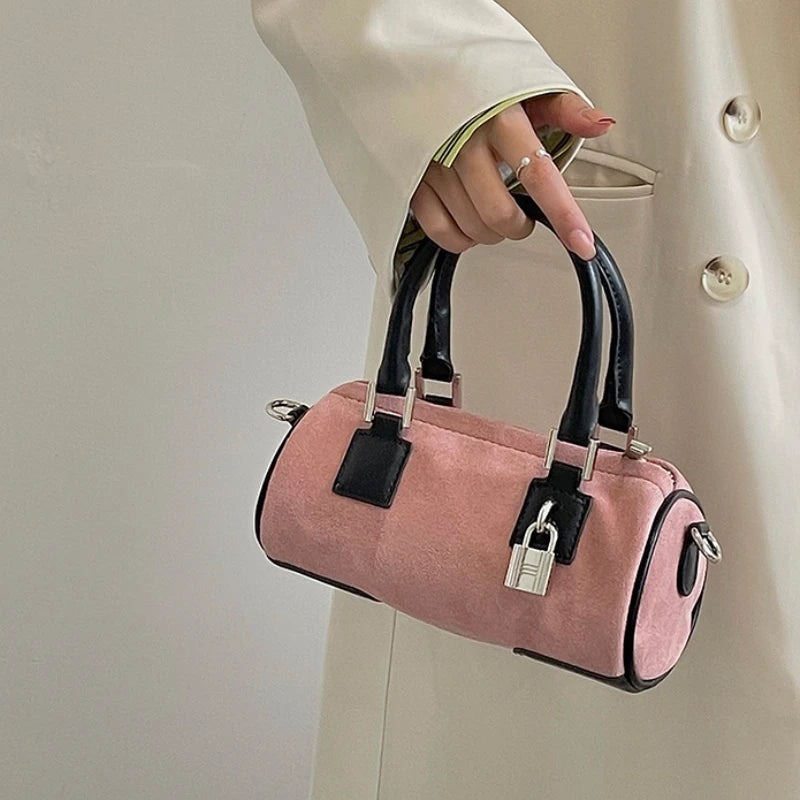 Women's Lock Cylinder Shoulder Bag Matte Leather Pink Clutch Handbag