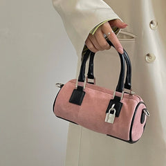 Women's Lock Cylinder Shoulder Bag Matte Leather Pink Clutch Handbag