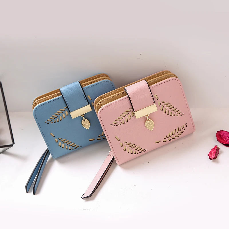 Women's Short Zipper Wallet Leather Small Clutch Bag With Hollow Out Leaves