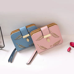 Women's Short Zipper Wallet Leather Small Clutch Bag With Hollow Out Leaves