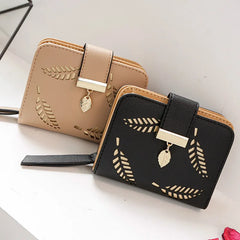 Women's Short Zipper Wallet Leather Small Clutch Bag With Hollow Out Leaves