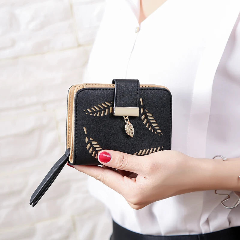 Women's Small Zipper Wallet Clutch Bag with Hollow Out Leaves