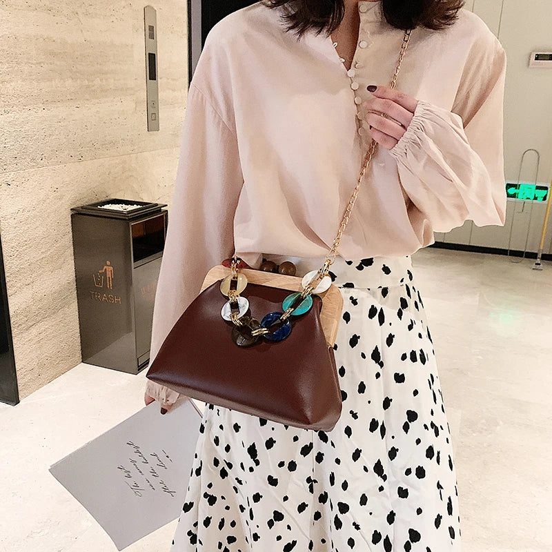 Women's Shoulder Bag Crossbody Chain Messenger Bag Wooden Handbag