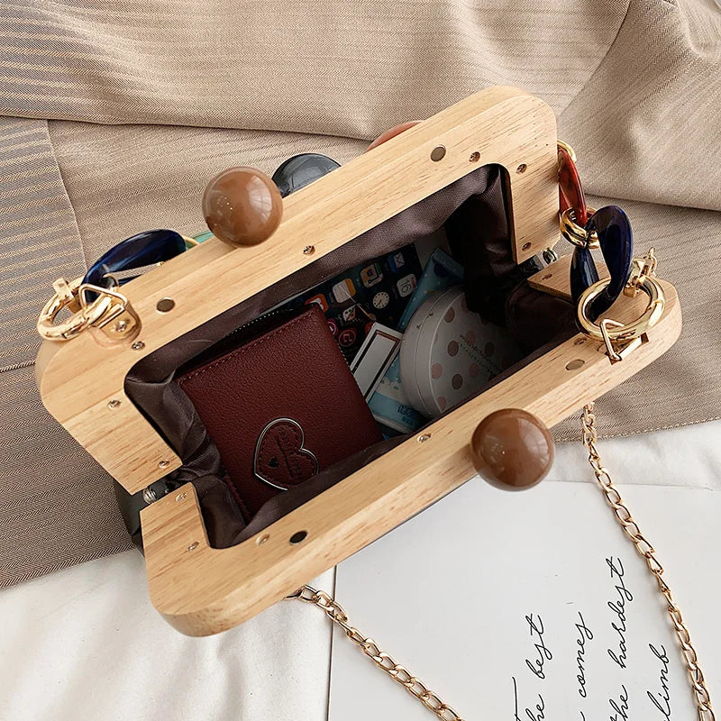 Women's Shoulder Bag Crossbody Chain Messenger Bag Wooden Handbag