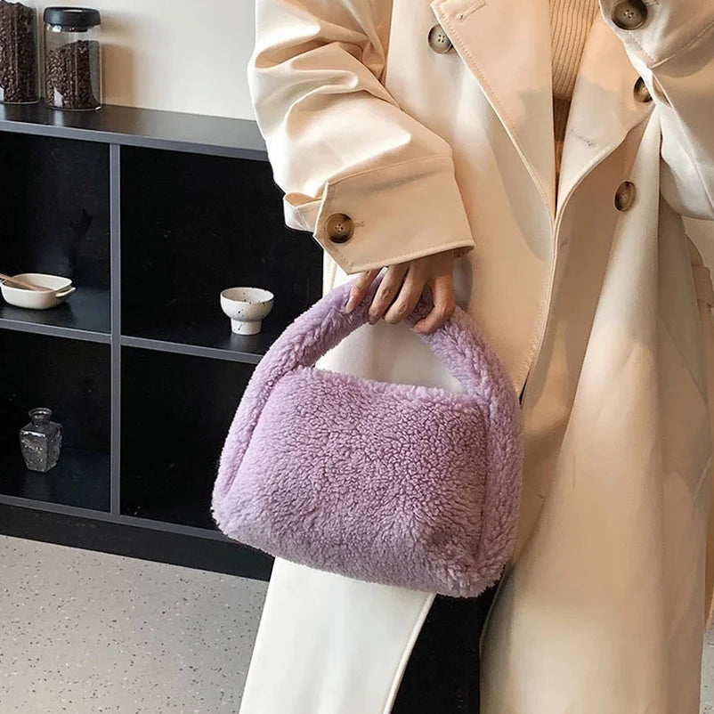 Plush Women's Winter Bag Soft Mini Handbag Colorful Shoulder Totes Bag