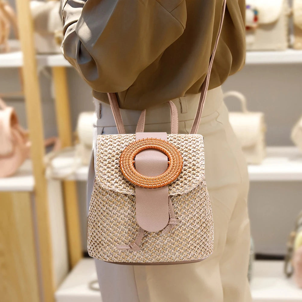 Woven Backpack Straw Women Shoulder Messenger Bag Ladies Schoolbag Handbags