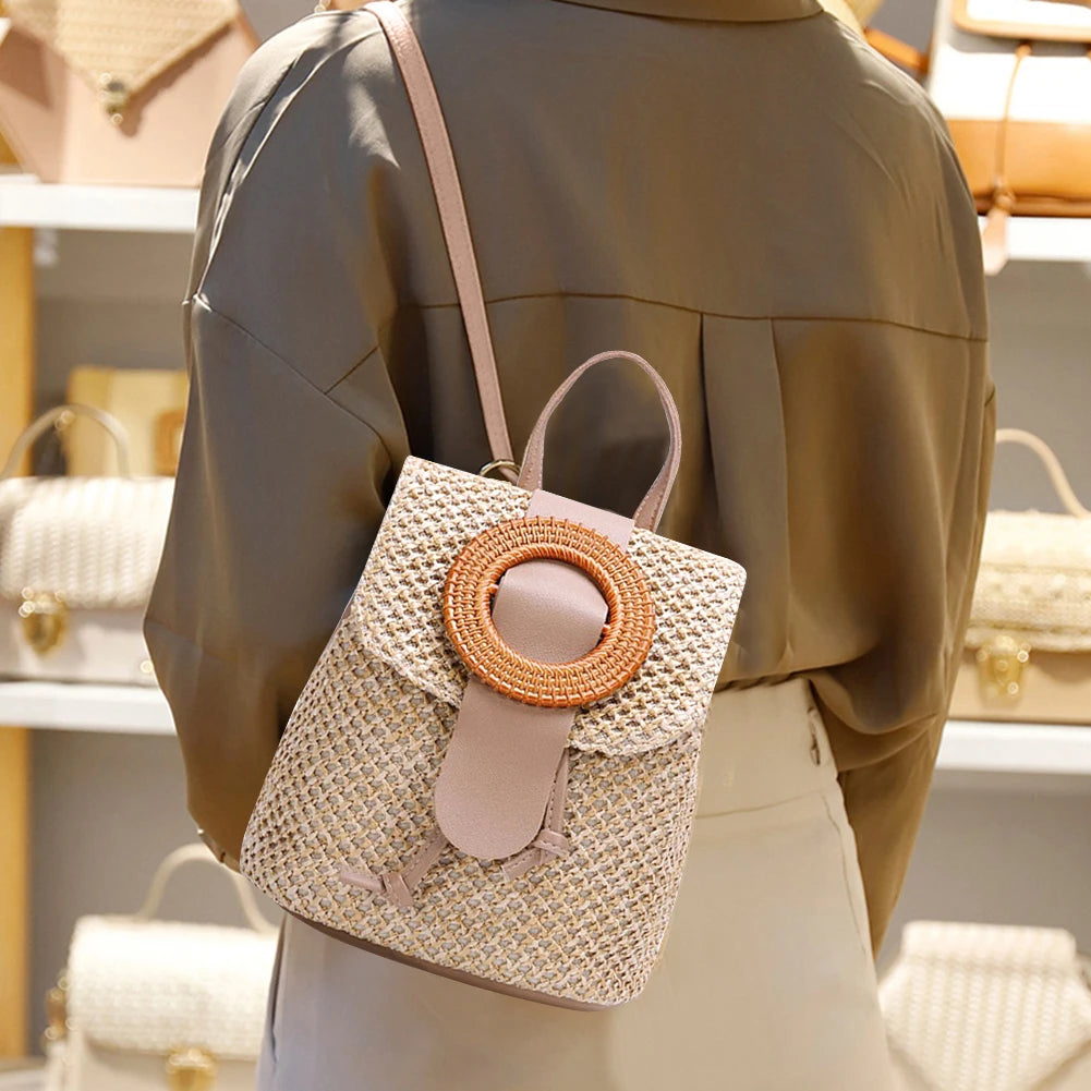 Woven Backpack Straw Women Shoulder Messenger Bag Ladies Schoolbag Handbags