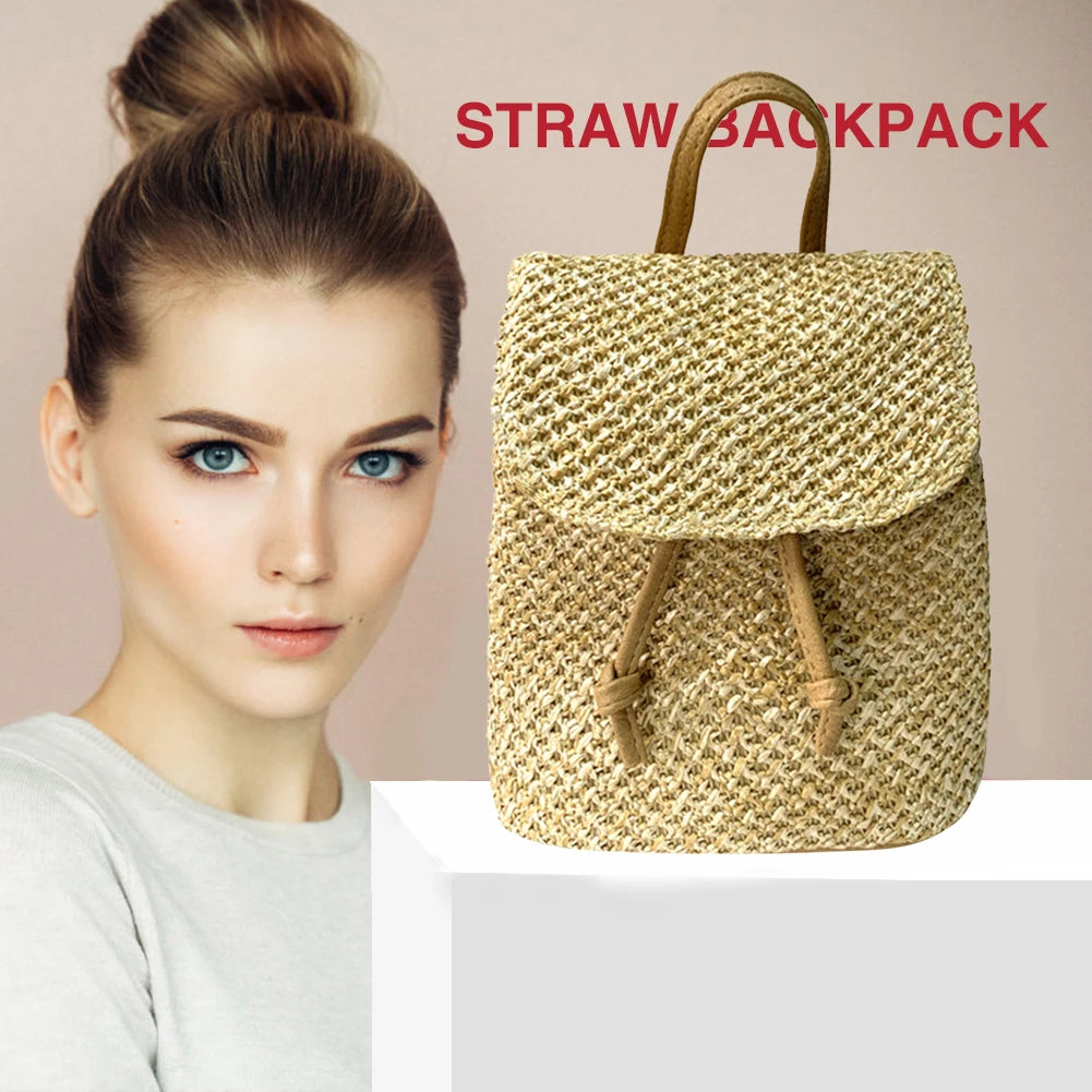 Woven Backpack Straw Women Shoulder Messenger Bag Ladies Schoolbag