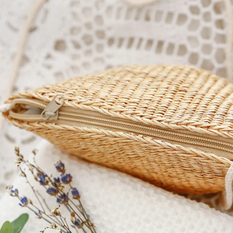 Vintage Straw Shoulder Crossbody Bag Zipper Travel Beach sac a main