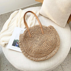 Summer Beach Straw Bag Women Round Shoulder Handbag Tote Bag