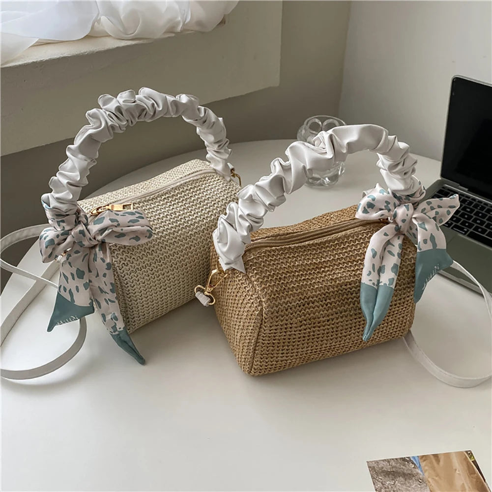 Stylish Woven Shoulder Bag Silk Scarf Travel Messenger Handbag