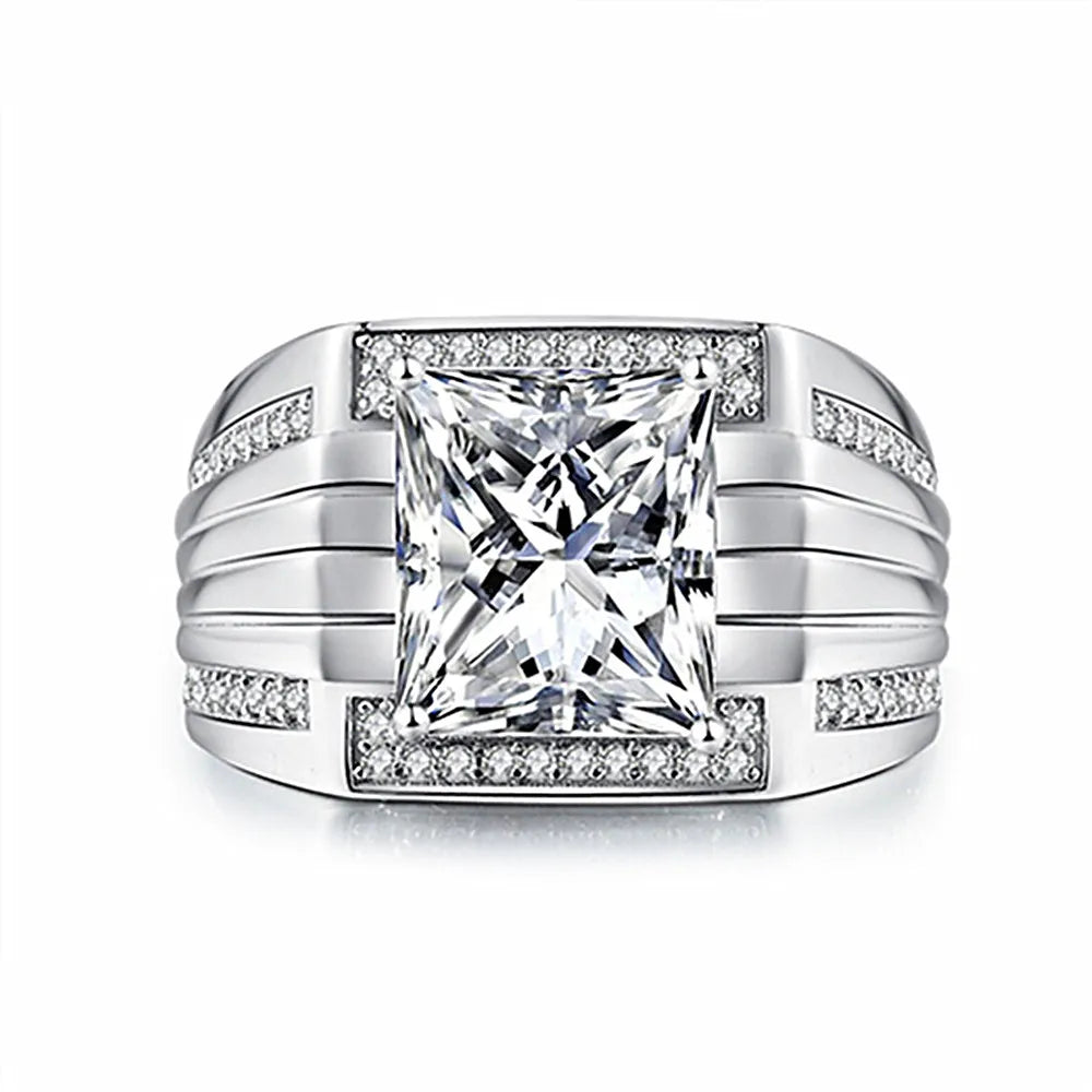 Square Zircon Diamond Men's Silver Ring Wedding Jewelry