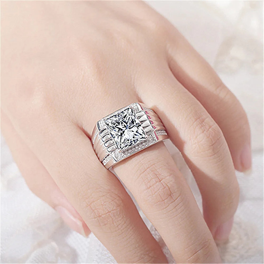 Square Zircon Diamond Men's Silver Ring Wedding Jewelry