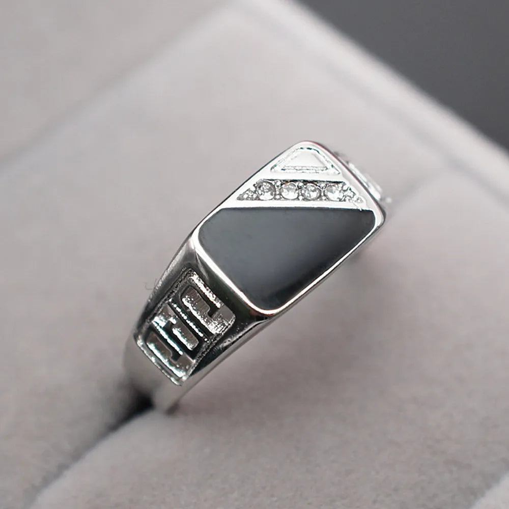 Geometric Carving Enamel Zircon Diamond Men's Ring