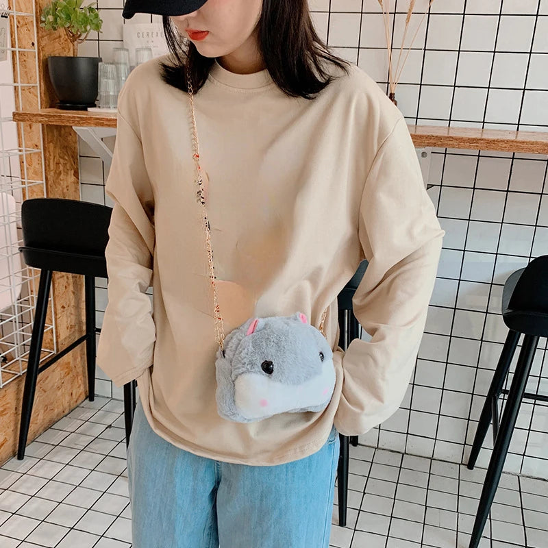Female Plush College Messenger Bag, Hamster Design, One-Shoulder Student Bag