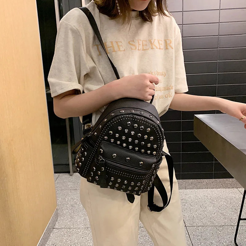 Rivet Leather School Bag Girl Backpack Women Shoulder Bag