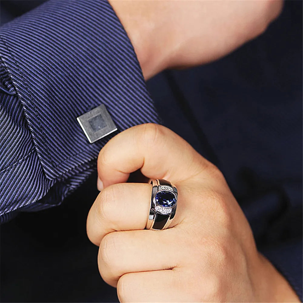 Sapphire Gemstone Crystal Agate Zircon Silver Ring for Men