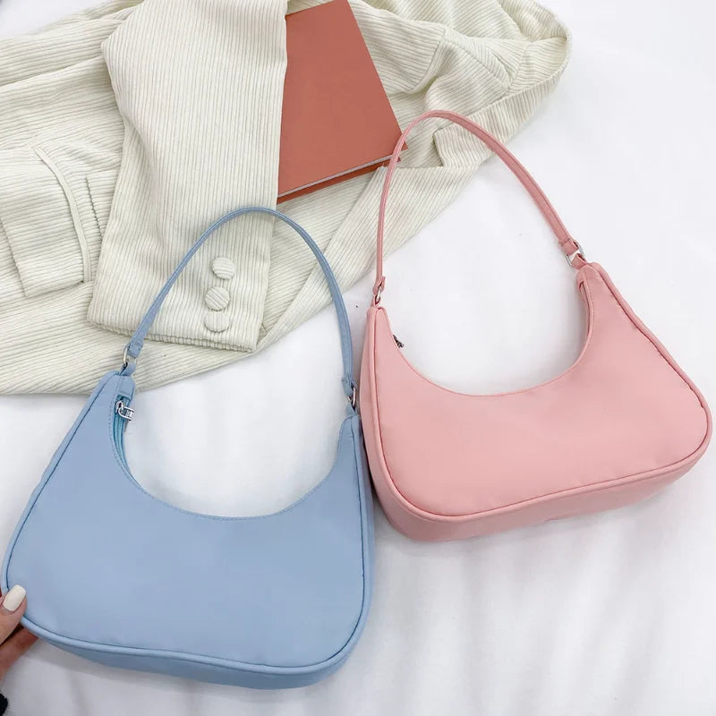 Solid Shoulder Bag Women Underarm Bag Ladies Top-handle Clutches in Beige Pink