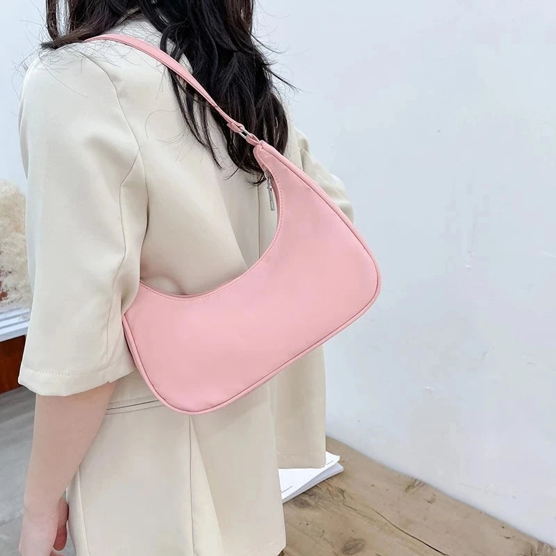 Solid Shoulder Bag Women Underarm Bag Ladies Top-handle Clutches in Beige Pink